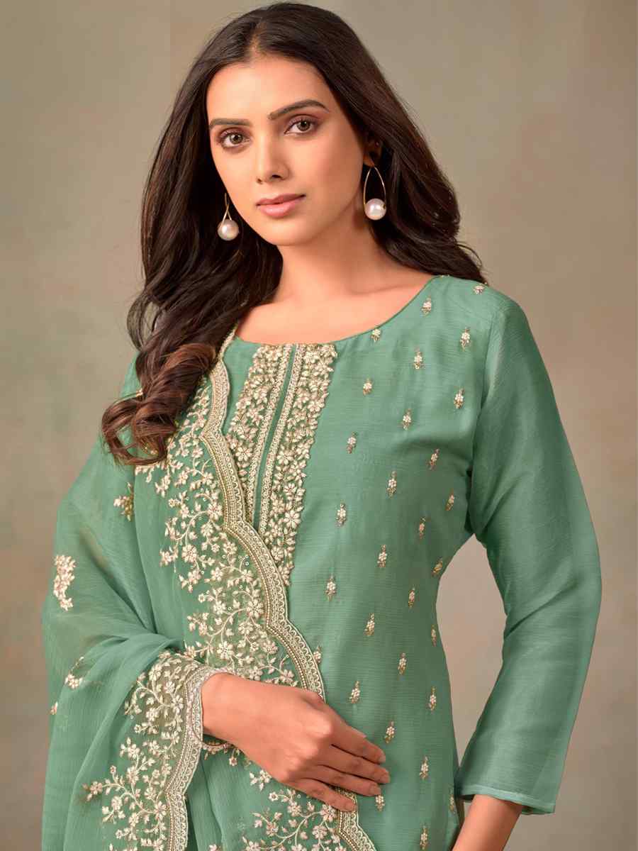 Green Organza Embroidered Festival Wedding Pant Salwar Kameez