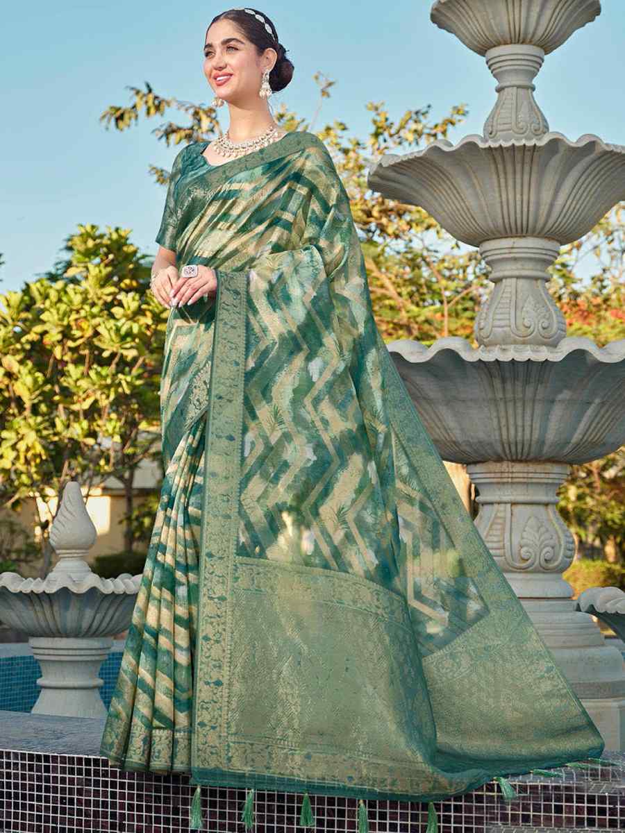 Green Organza Handwoven Festival Wedding Heavy Border Saree