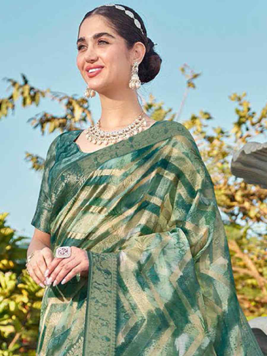 Green Organza Handwoven Festival Wedding Heavy Border Saree