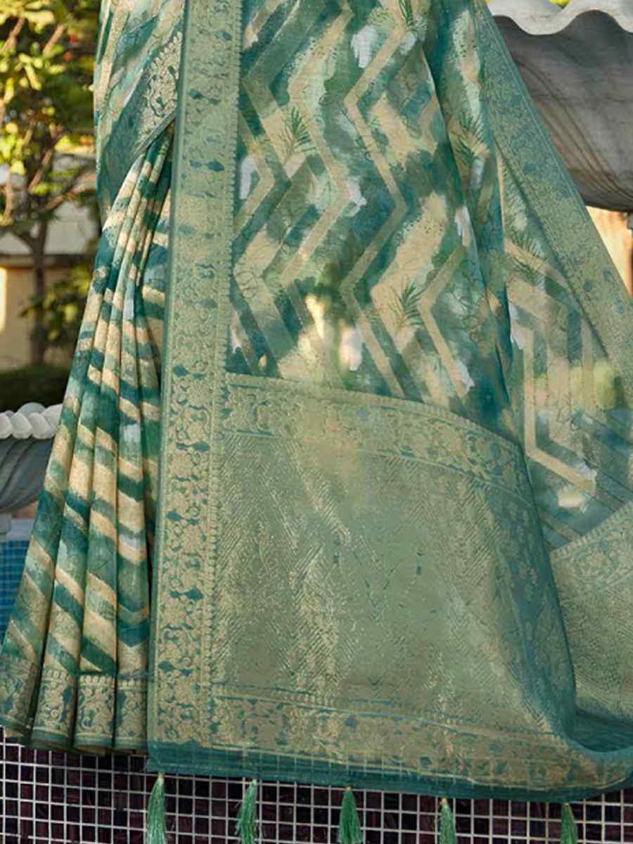 Green Organza Handwoven Festival Wedding Heavy Border Saree