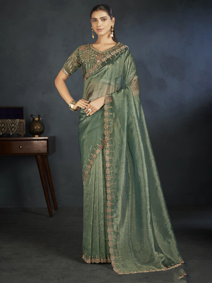 Green Organza Handwoven Festival Wedding Heavy Border Saree