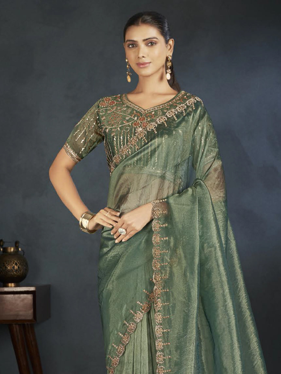 Green Organza Handwoven Festival Wedding Heavy Border Saree