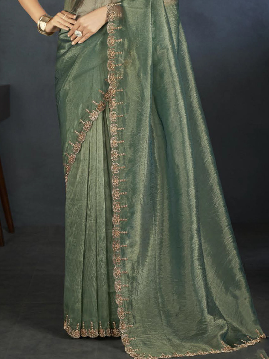 Green Organza Handwoven Festival Wedding Heavy Border Saree