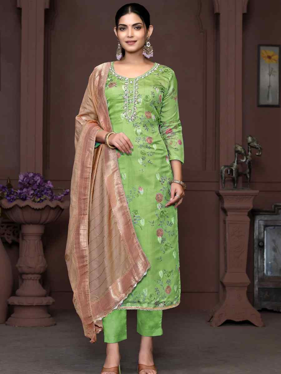 Green Organza Jacquard Embroidered Casual Festival Pant Salwar Kameez