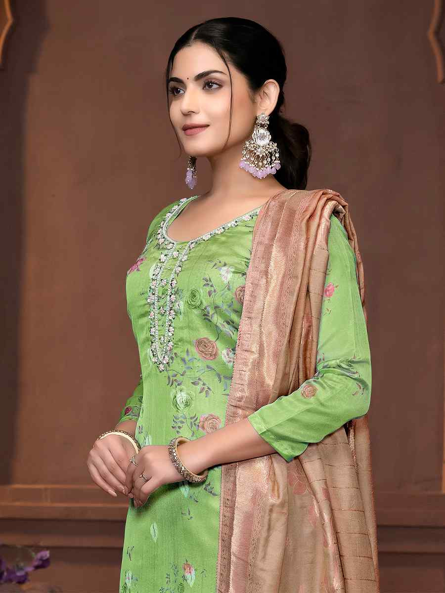 Green Organza Jacquard Embroidered Casual Festival Pant Salwar Kameez