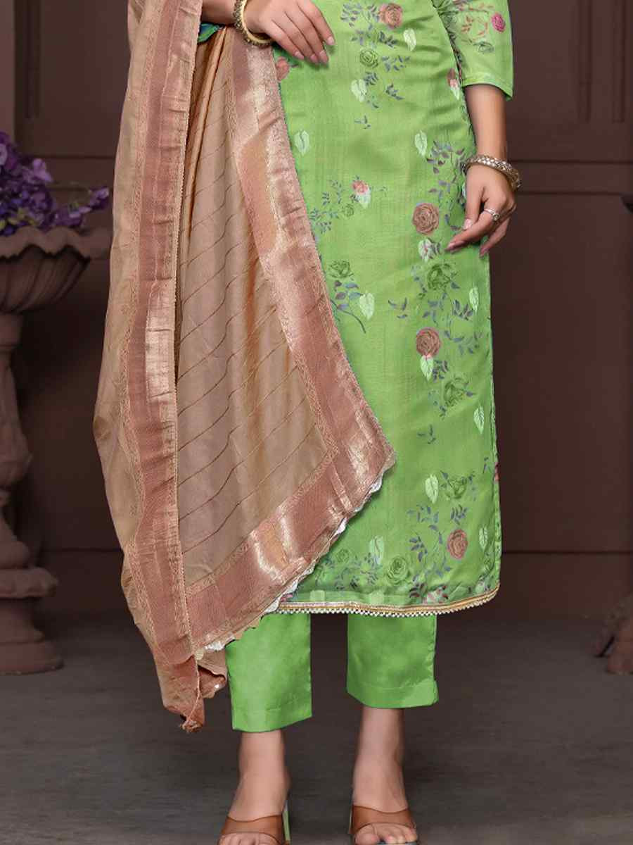 Green Organza Jacquard Embroidered Casual Festival Pant Salwar Kameez