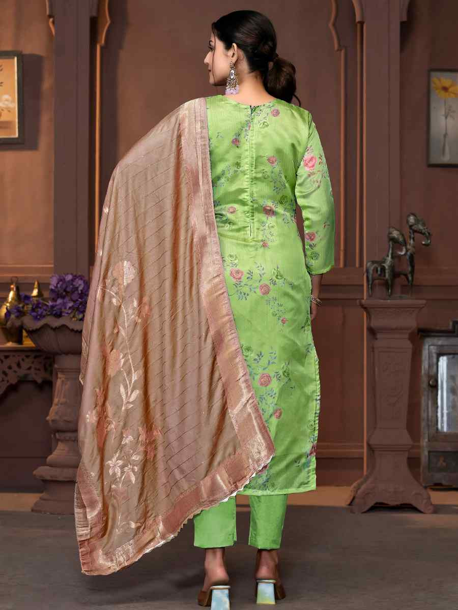 Green Organza Jacquard Embroidered Casual Festival Pant Salwar Kameez