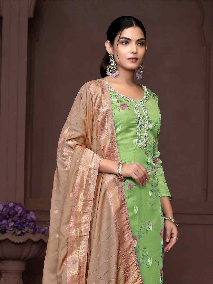 Green Organza Jacquard Embroidered Casual Festival Pant Salwar Kameez