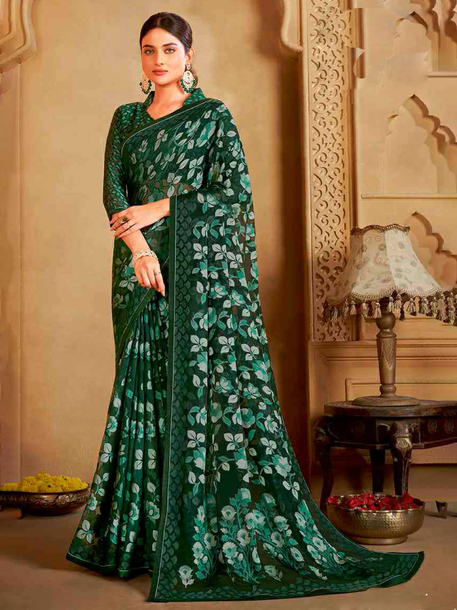 Green Organza Printed Festival Casual Contemporary Saree