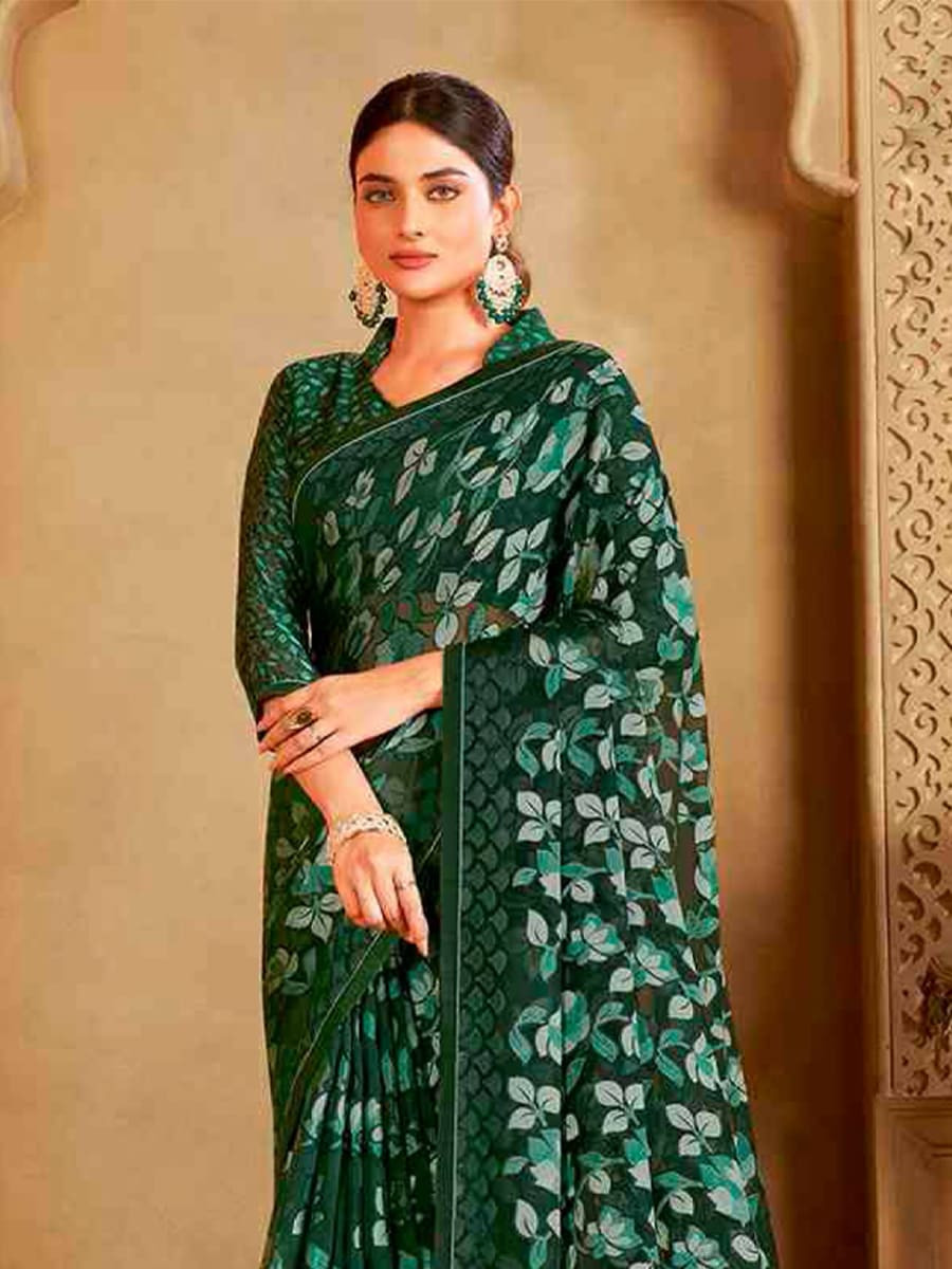 Green Organza Printed Festival Casual Contemporary Saree