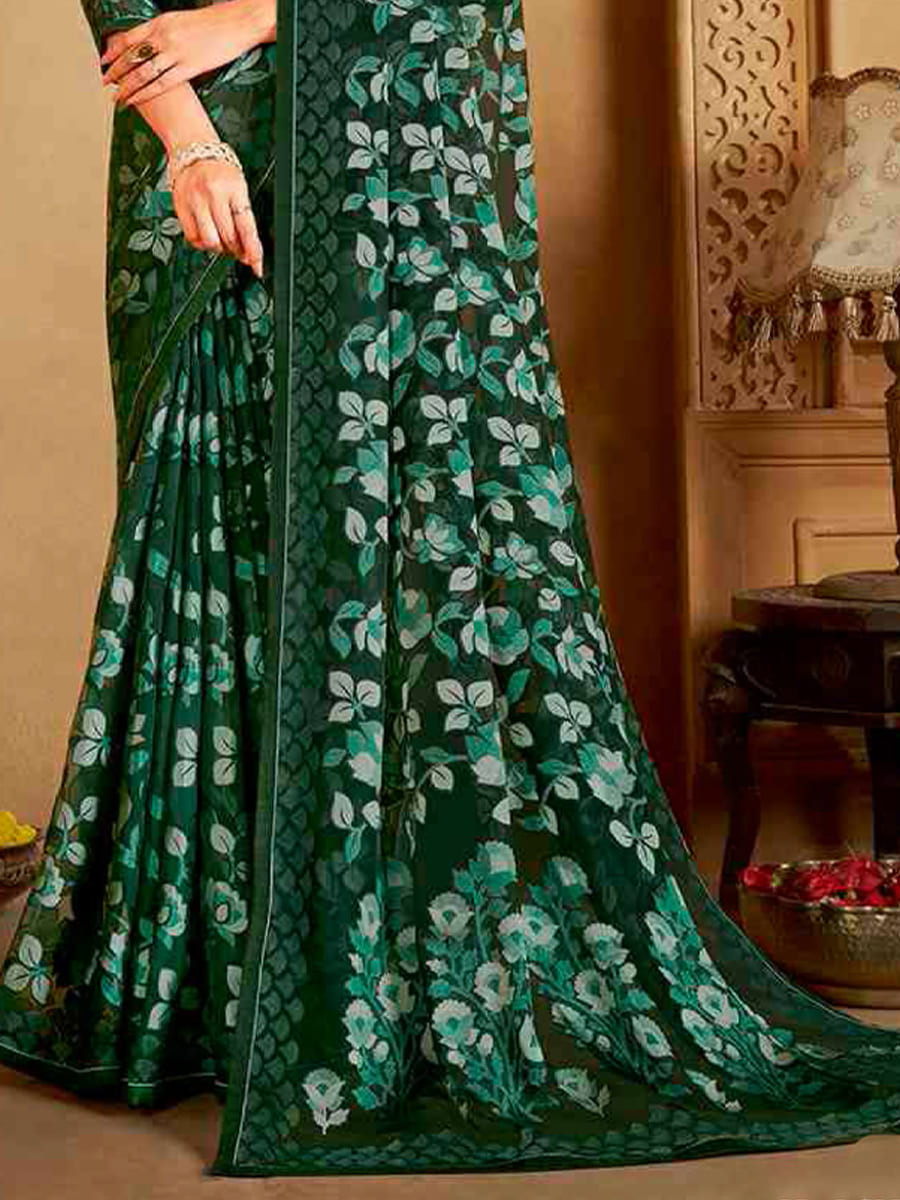 Green Organza Printed Festival Casual Contemporary Saree