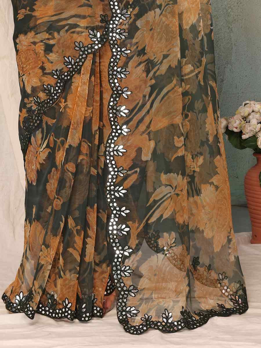 Green Organza Printed Festival Casual Contemporary Saree