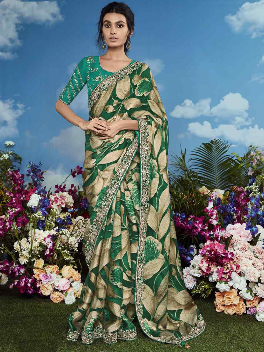 Green Organza Silk Embroidered Festival Wedding Heavy Border Saree