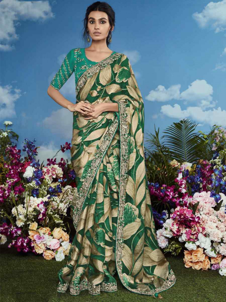 Green Organza Silk Embroidered Festival Wedding Heavy Border Saree