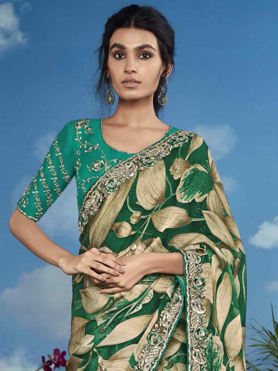 Green Organza Silk Embroidered Festival Wedding Heavy Border Saree