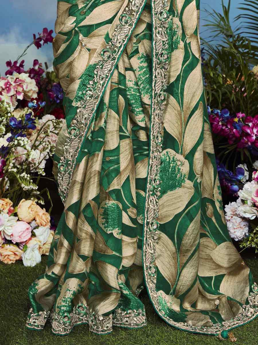 Green Organza Silk Embroidered Festival Wedding Heavy Border Saree