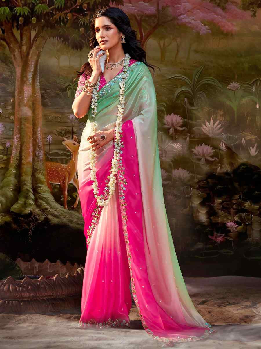 Green Pink Organza Chiffon Embroidered Reception Party Heavy Border Saree