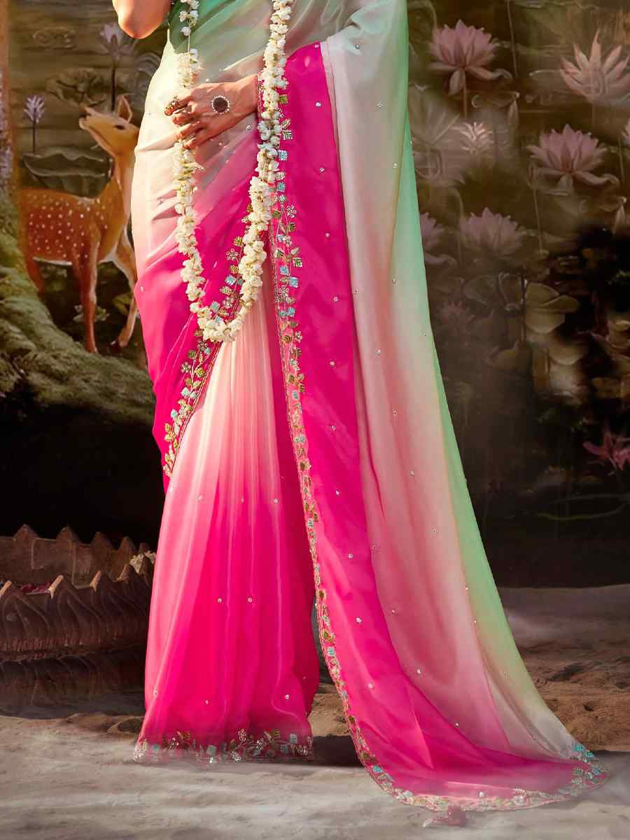 Green Pink Organza Chiffon Embroidered Reception Party Heavy Border Saree