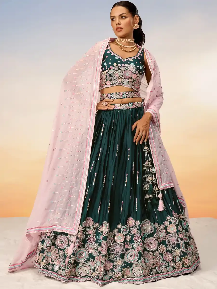 Green Poly Georgette Embroidery Reception Party Wear Heavy Border Lehenga Choli