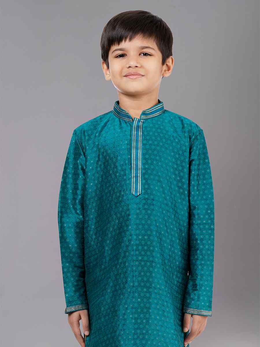 Green Polyester Cotton  Embroidered Festival Traditional Kurta Pyjama Boys Wear