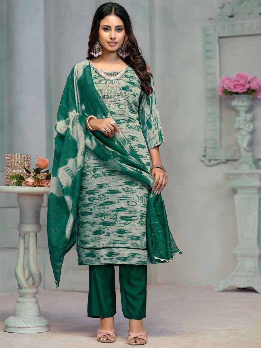 Green Premium Roman Cotton Embroidered Festival Casual Ready Pant Salwar Kameez