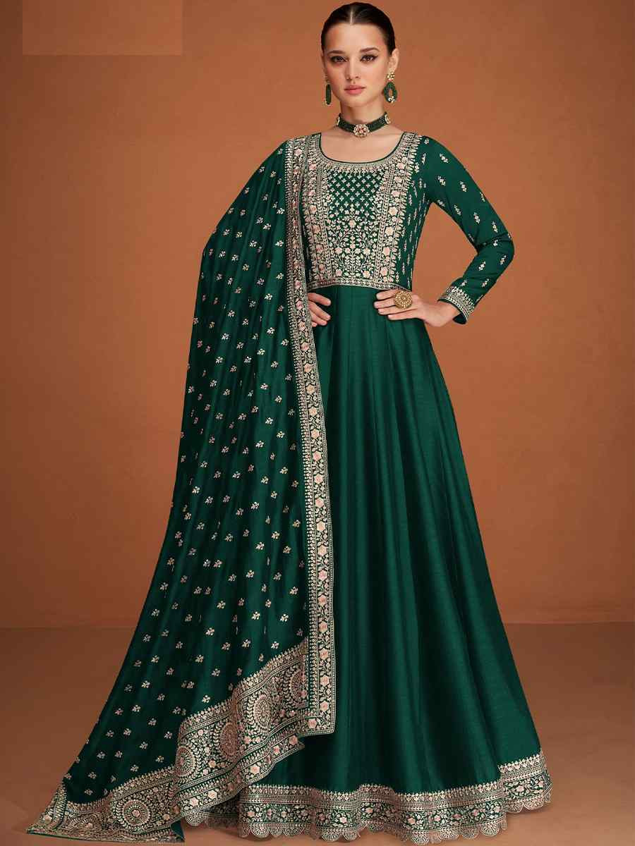 Green Premium Silk Embroidered Festival Wedding Anarkali Salwar Kameez