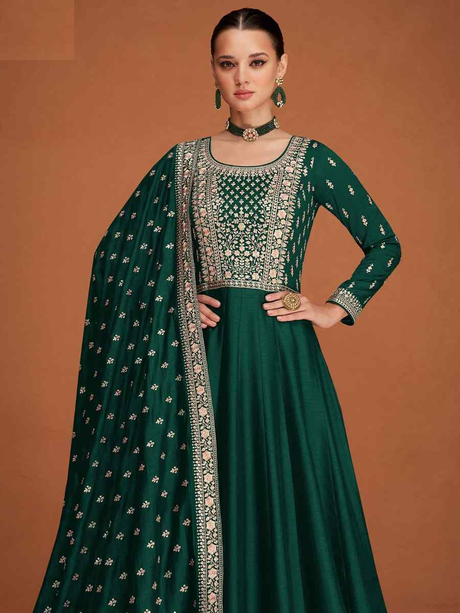 Green Premium Silk Embroidered Festival Wedding Anarkali Salwar Kameez