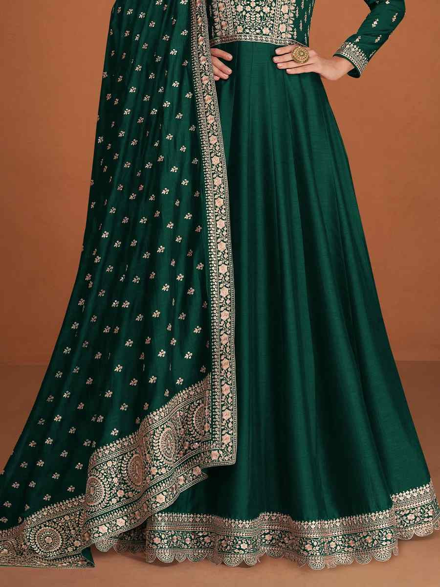 Green Premium Silk Embroidered Festival Wedding Anarkali Salwar Kameez