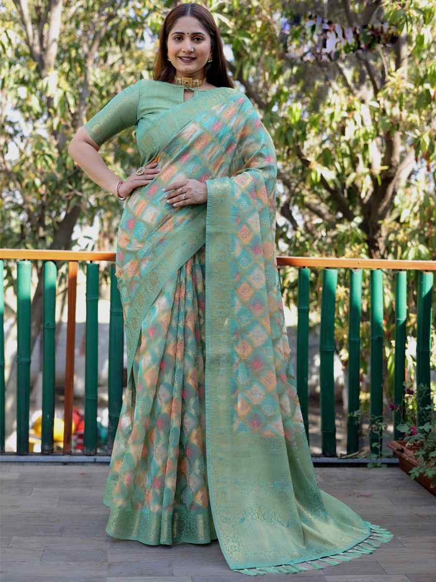 Green Premiume Organza Silk Printed Festival Casual Classic Style Saree