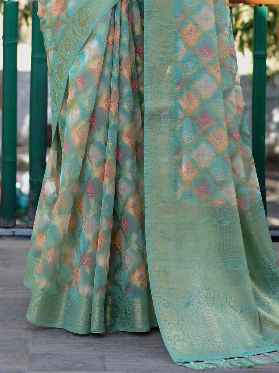 Green Premiume Organza Silk Printed Festival Casual Classic Style Saree