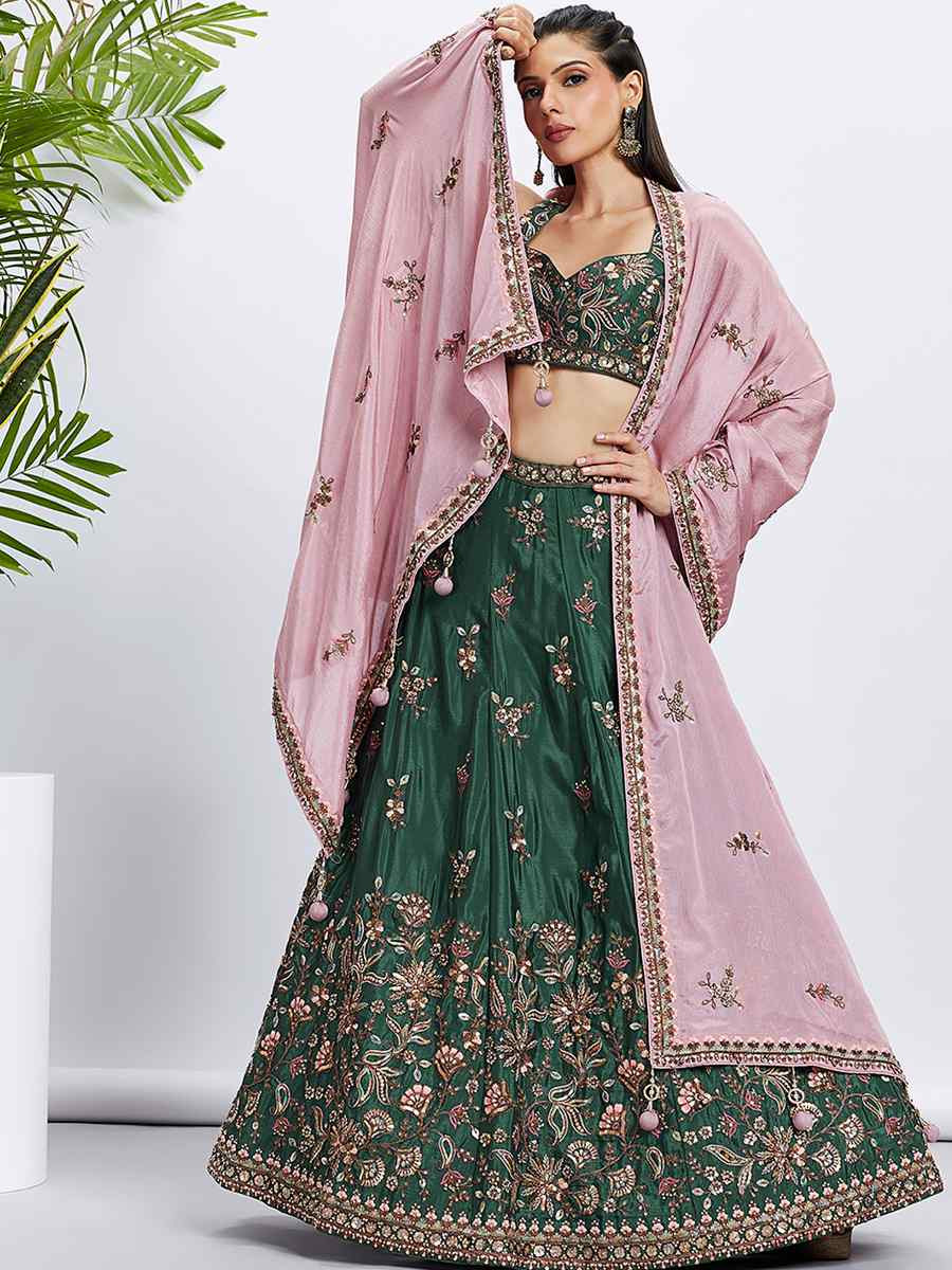 Green Pure Chiffon Embroidered Bridesmaid Wedding Heavy Border Lehenga Choli