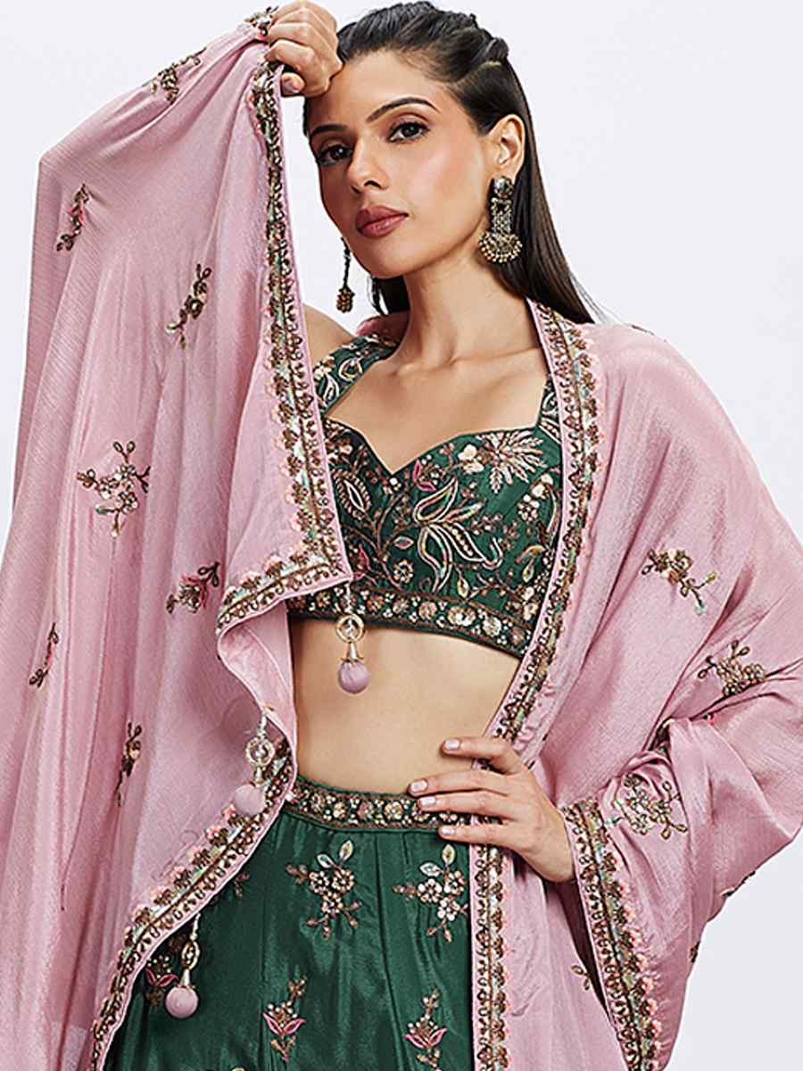 Green Pure Chiffon Embroidered Bridesmaid Wedding Heavy Border Lehenga Choli