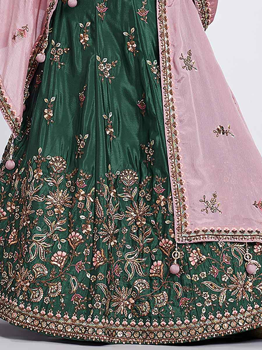 Green Pure Chiffon Embroidered Bridesmaid Wedding Heavy Border Lehenga Choli