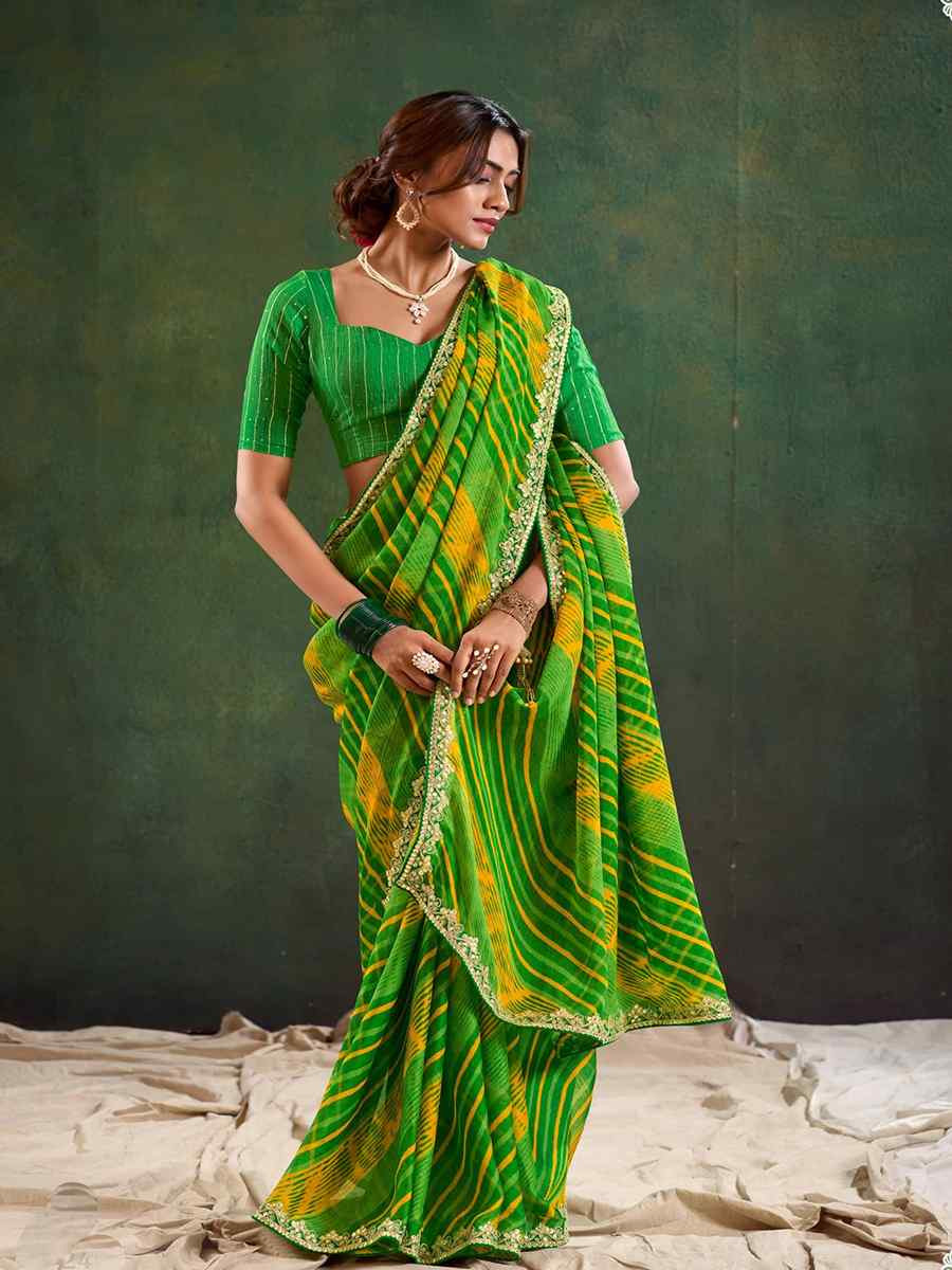 Green Pure Chiffon Embroidered Festival Wedding Classic Style Saree