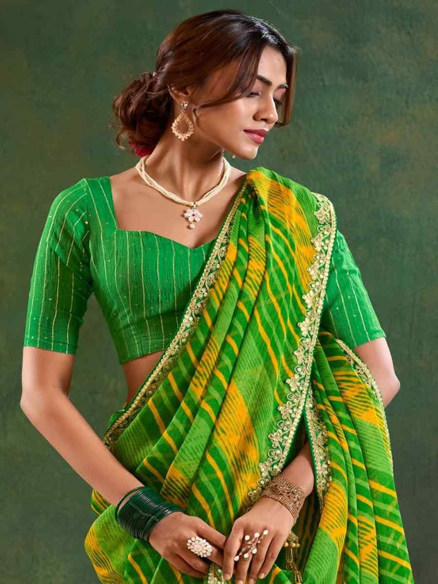 Green Pure Chiffon Embroidered Festival Wedding Classic Style Saree