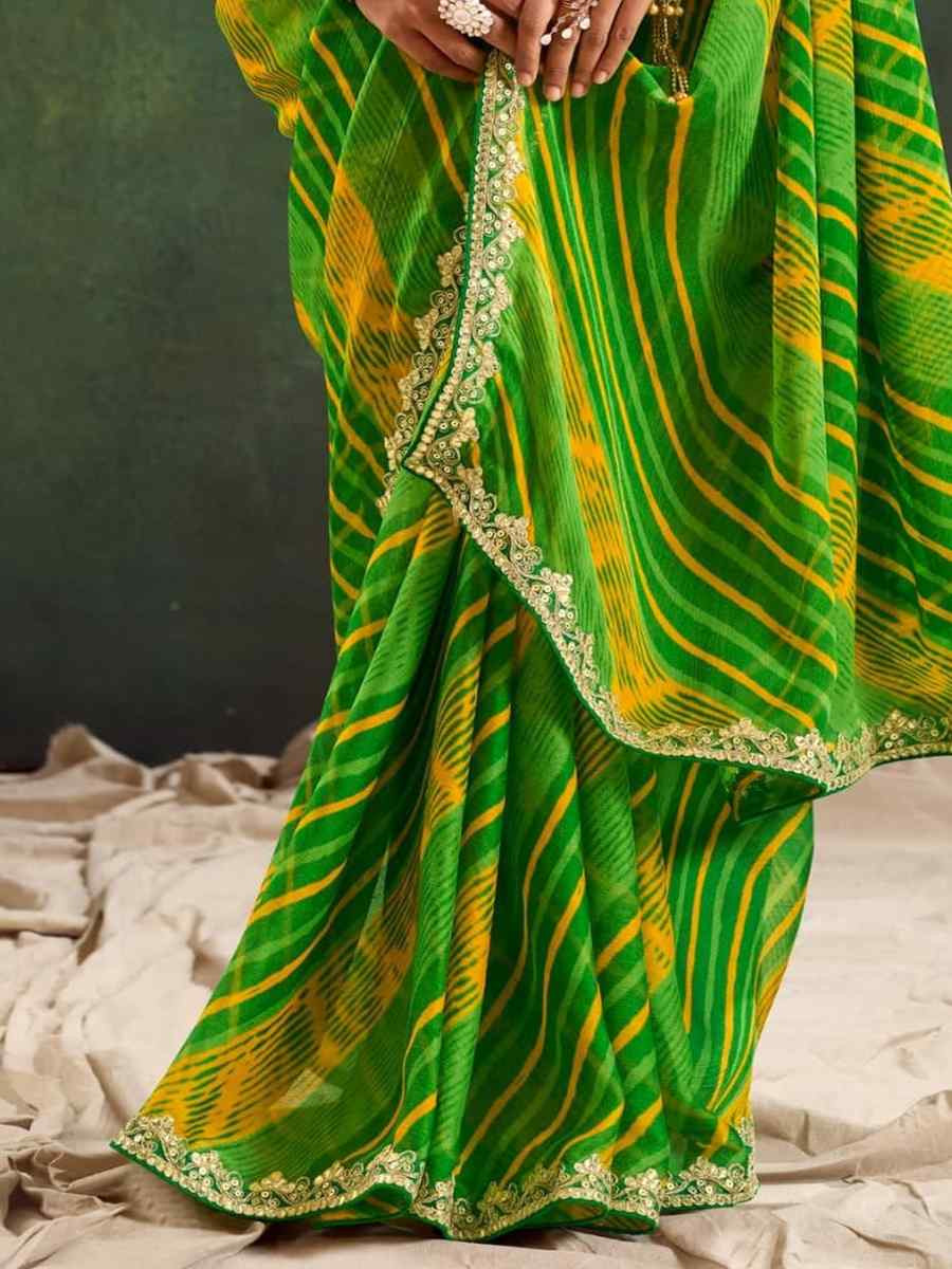 Green Pure Chiffon Embroidered Festival Wedding Classic Style Saree