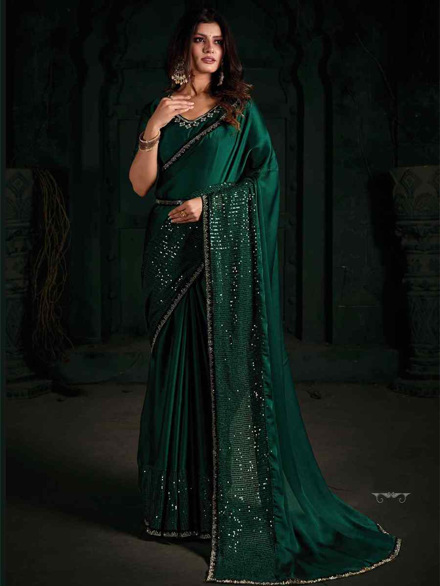 Green Pure Chiffon Silk Handwoven Wedding Festival Heavy Border Saree