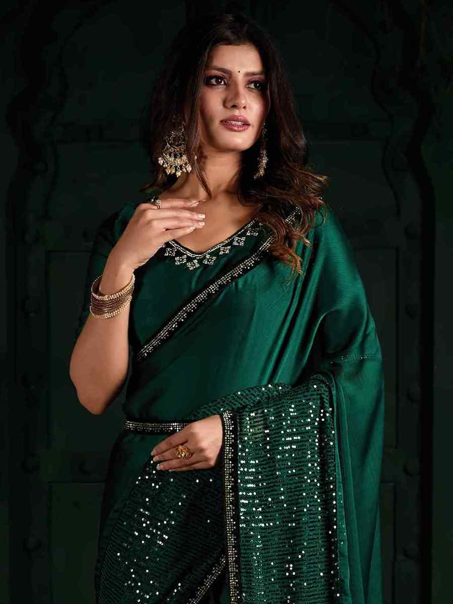 Green Pure Chiffon Silk Handwoven Wedding Festival Heavy Border Saree