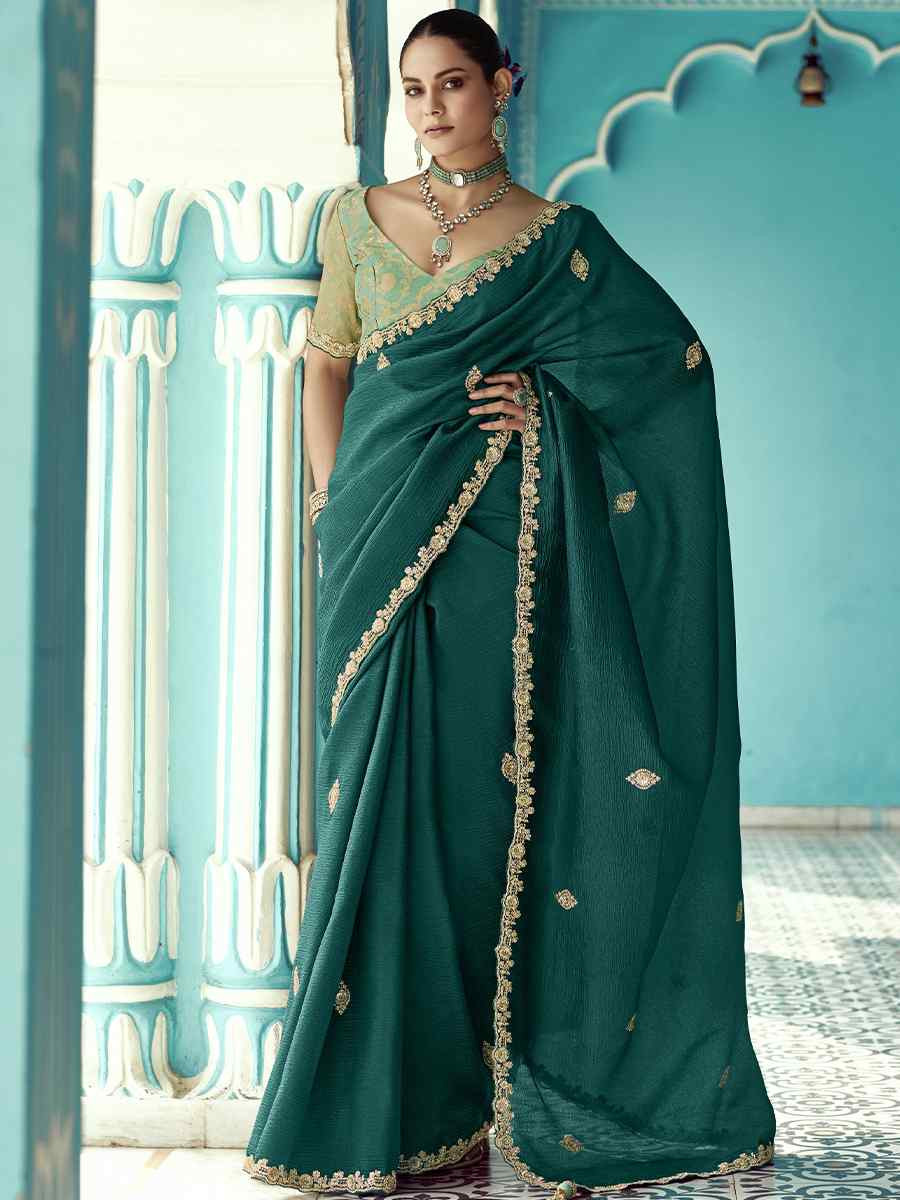 Green Pure fancy Silk Embroidered Bridesmaid Reception Heavy Border Saree