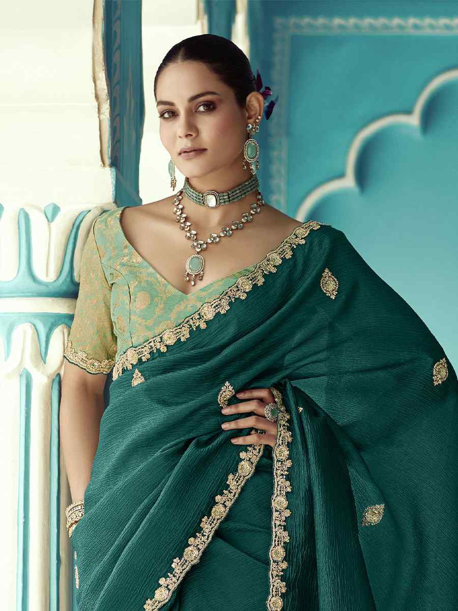 Green Pure fancy Silk Embroidered Bridesmaid Reception Heavy Border Saree