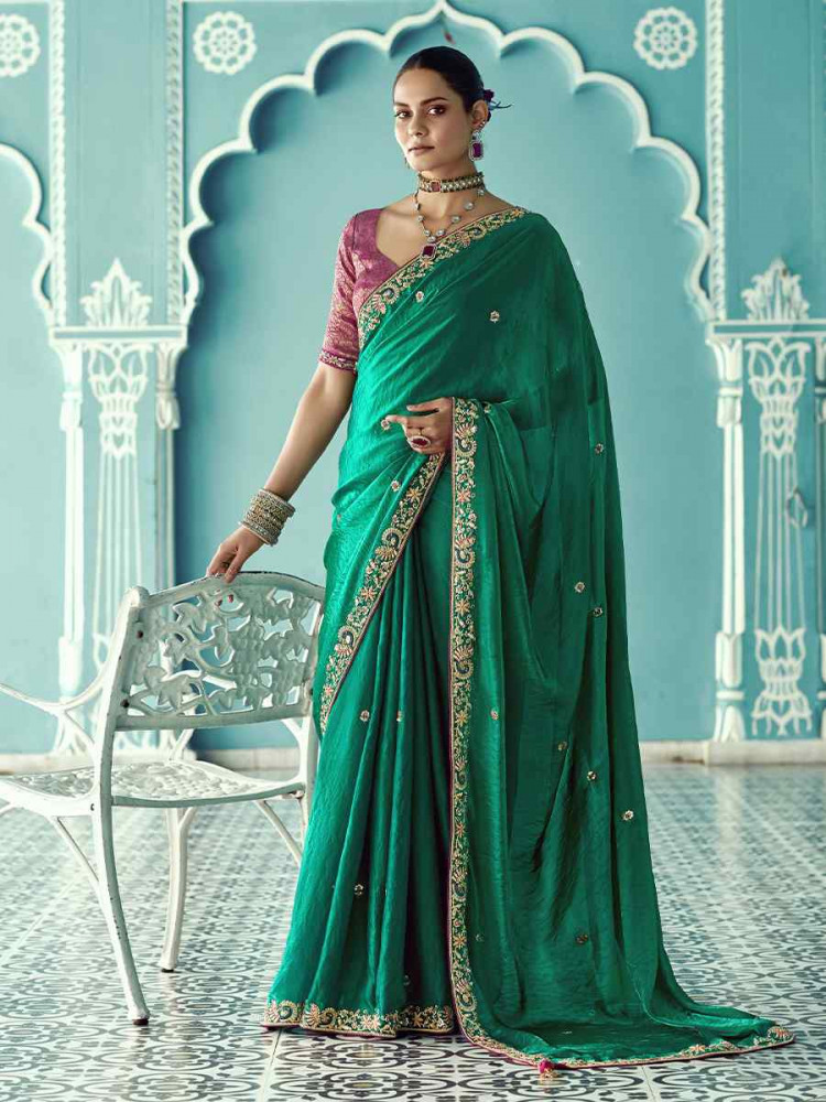 Green Pure fancy Silk Embroidered Bridesmaid Reception Heavy Border Saree