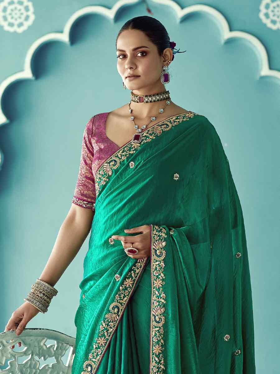 Green Pure fancy Silk Embroidered Bridesmaid Reception Heavy Border Saree