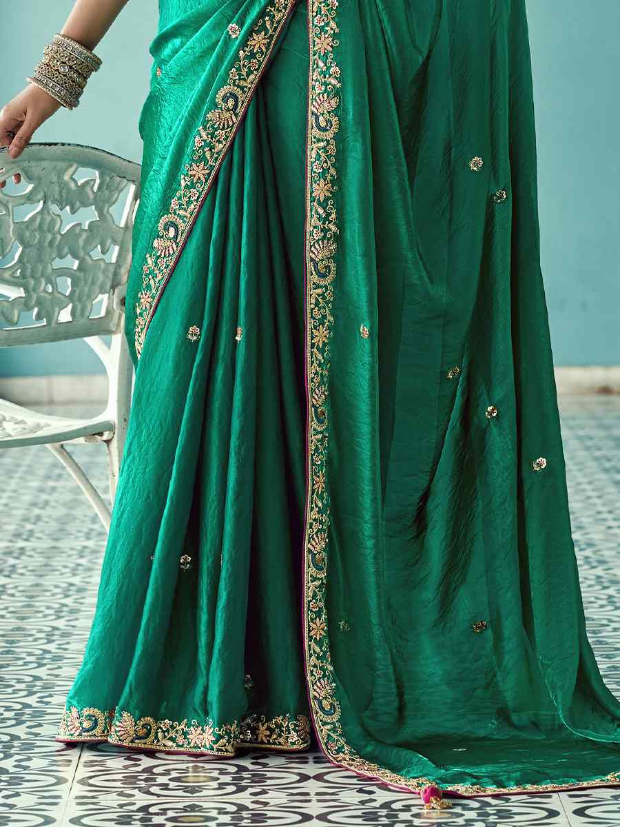 Green Pure fancy Silk Embroidered Bridesmaid Reception Heavy Border Saree