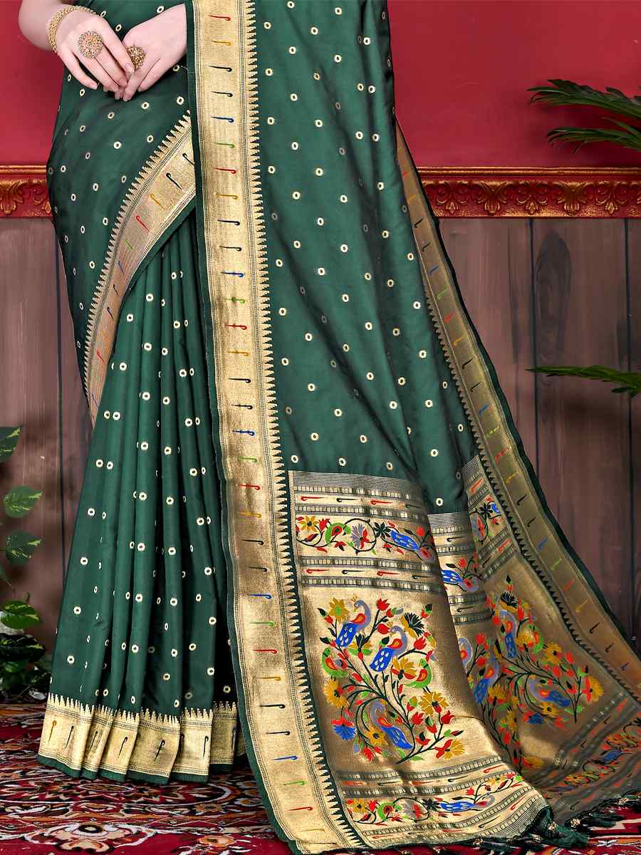 Green Pure Lichi Silk Handwoven Wedding Festival Heavy Border Saree