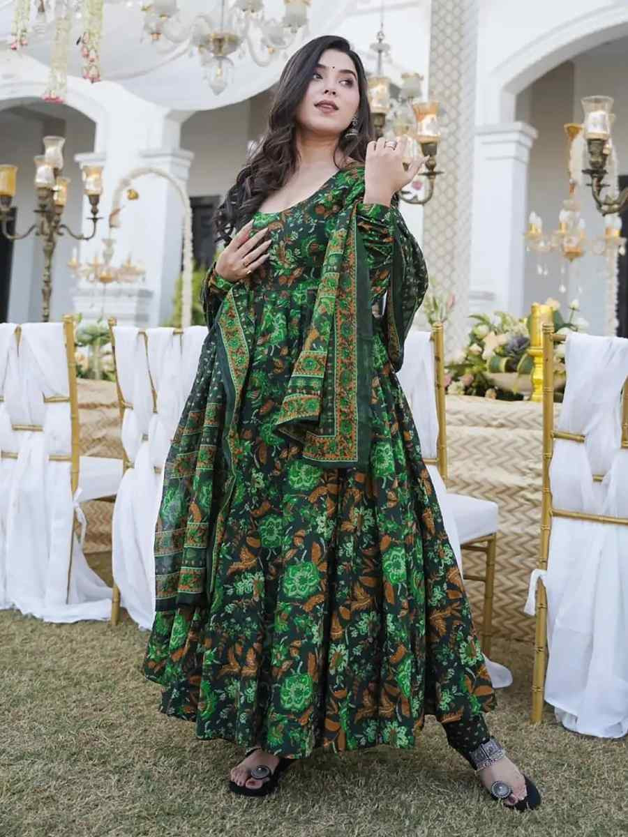 Green Pure Maslin Embroidered Festival Wedding Anarkali Salwar Kameez