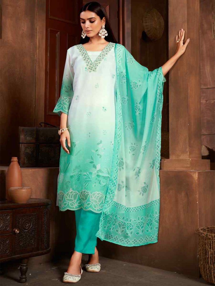 Green Pure Organza Embroidered Festival Casual Ready Pant Salwar Kameez