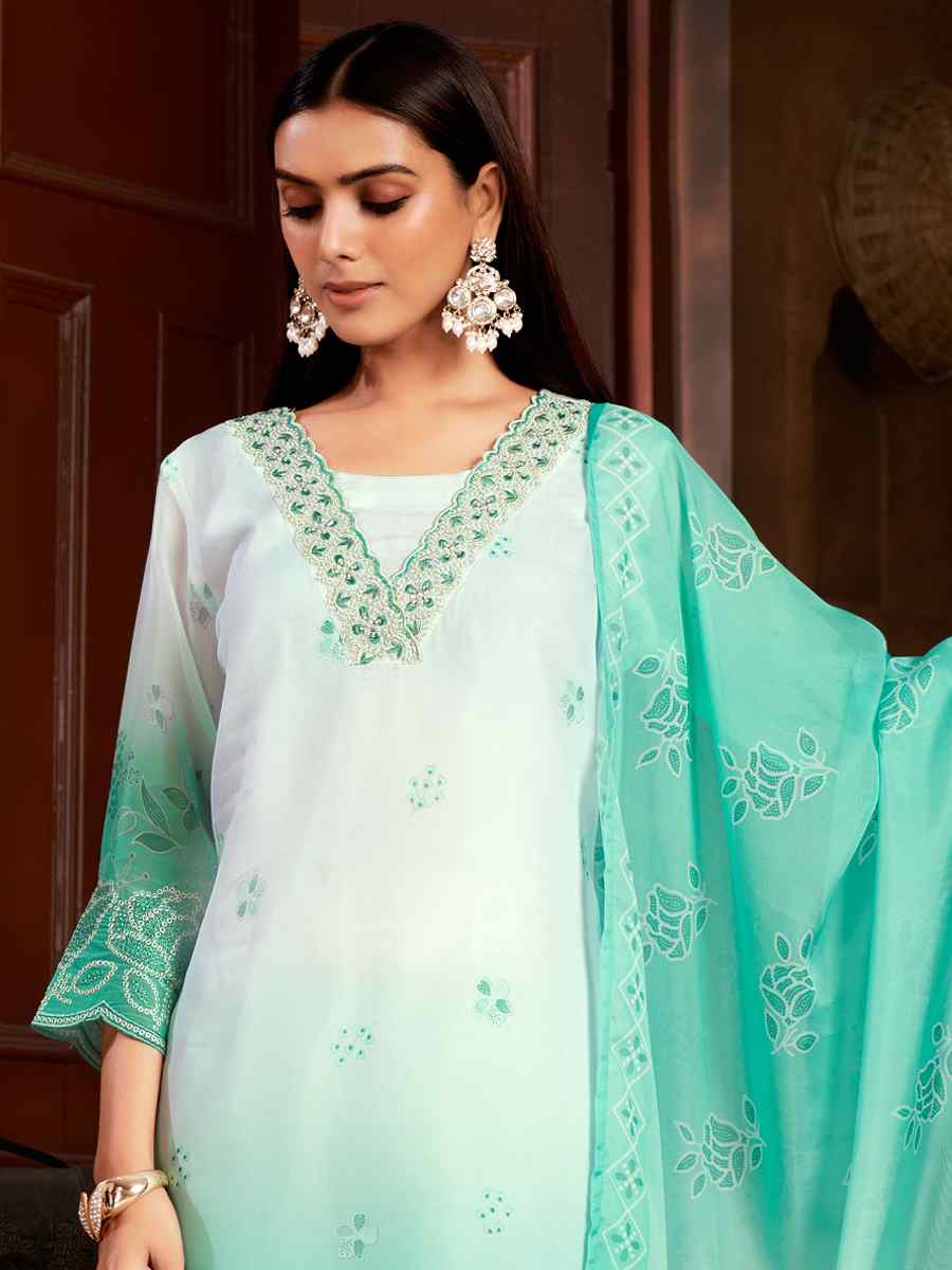 Green Pure Organza Embroidered Festival Casual Ready Pant Salwar Kameez