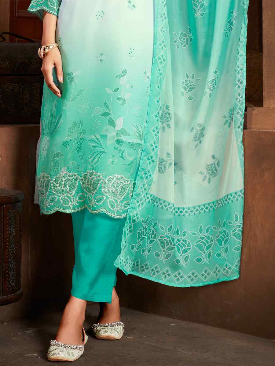 Green Pure Organza Embroidered Festival Casual Ready Pant Salwar Kameez