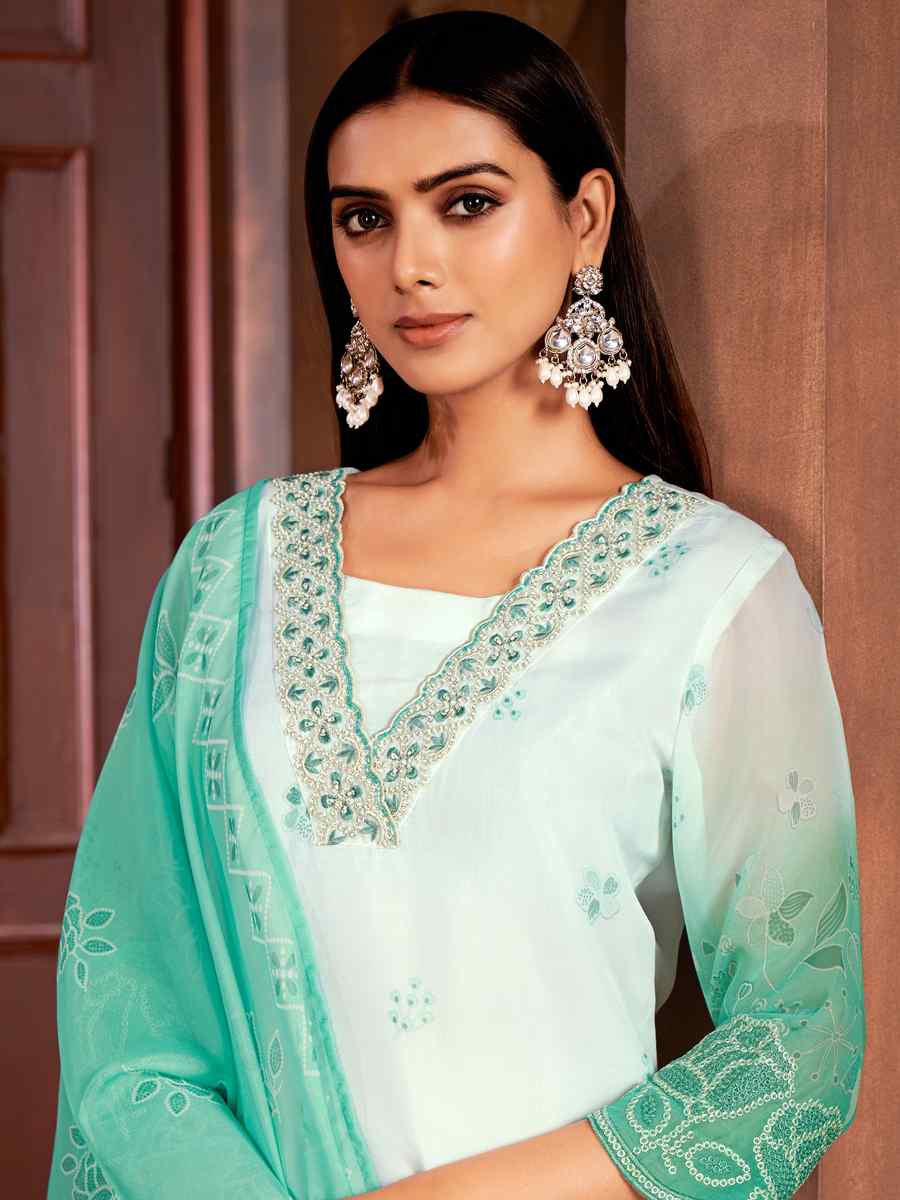 Green Pure Organza Embroidered Festival Casual Ready Pant Salwar Kameez