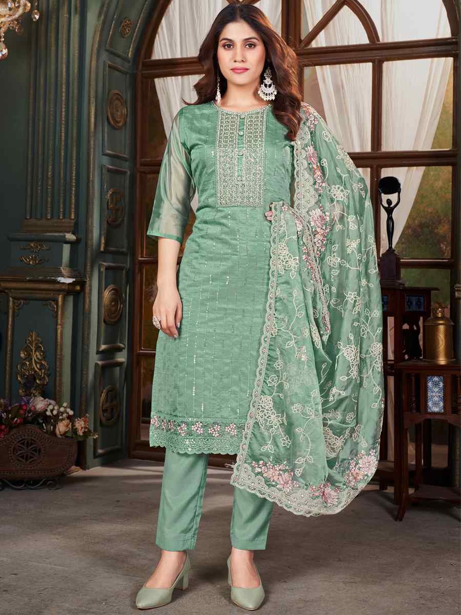 Green Pure Organza Embroidered Wedding Festival Pant Salwar Kameez